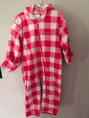 Columbia Pink and White Buffalo Check Fleece Hooded Romper